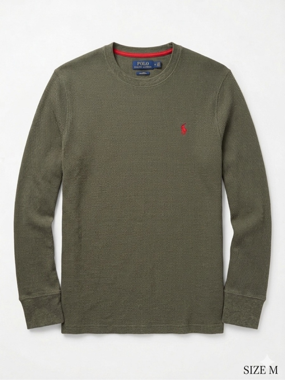 Medium Polo Ralph Lauren Olive Waffle Knit Crewneck with Red Pony